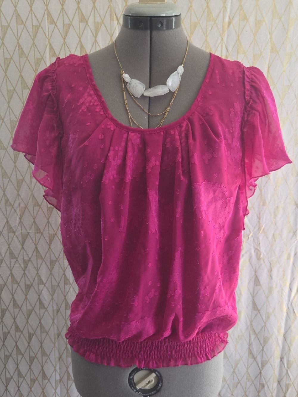 Flutter-Sleeve Bright Pink Blouse with Gathered Hem